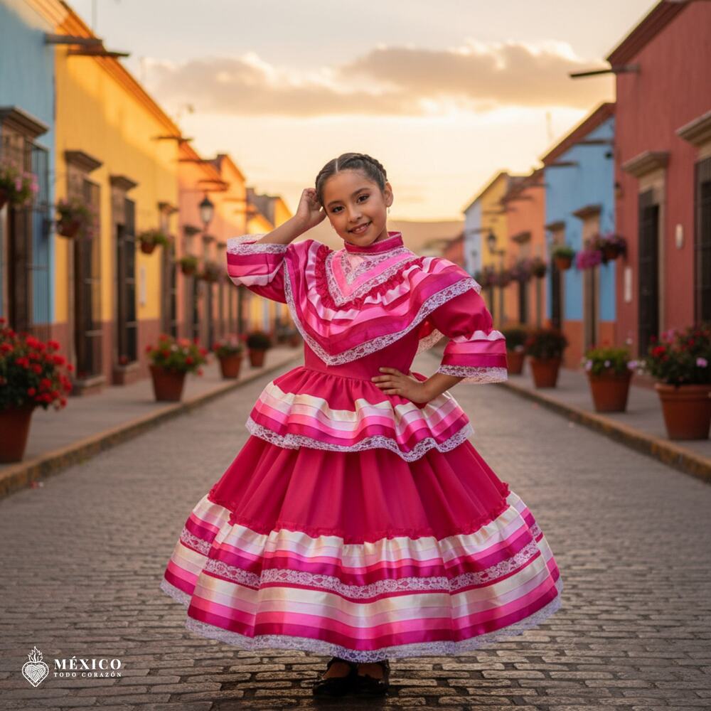 Pink Jalisco Folkloric Dress for Girls-Professional Mexican Ribbon Style-Size 6